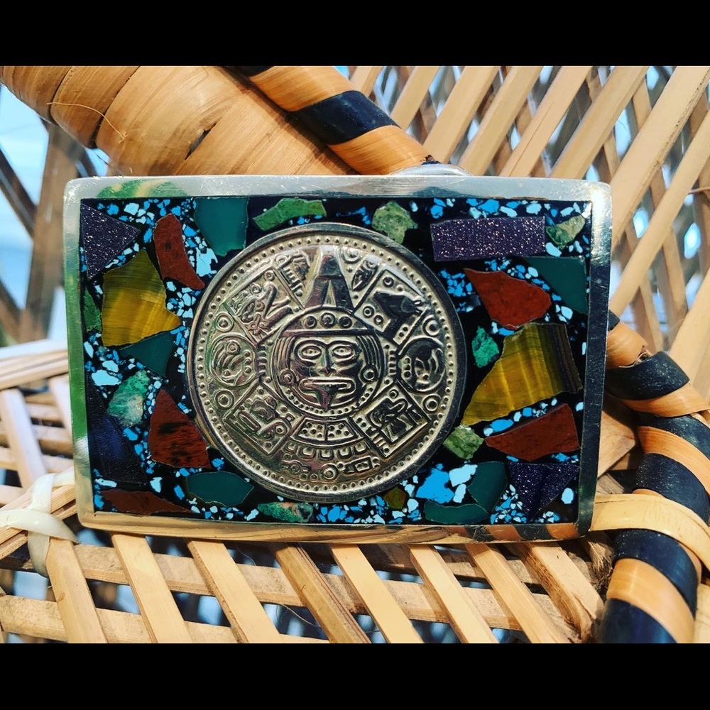 Vtg 1970 sterling silver mosaic Aztec belt buckle